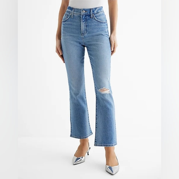Express Denim - Express High Waisted Light Wash Ripped Cropped Flare Jeans - Size 4 Long